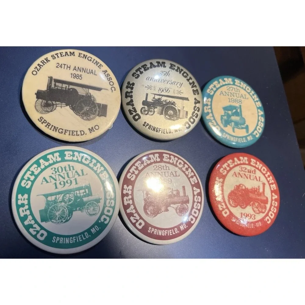 6pc Vintage Ozark Steam Engine Assoc Springfield MO Pinback Button Lot 1985-1993